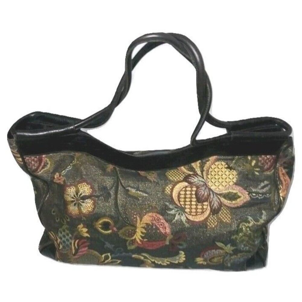 Vintage Danielle Nicole LARGE Jacquard Floral Tote Leather Trim Italy Multicolor